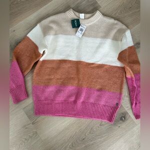 Roxy Women's Colorblock Sweater - Pink, Orange, and Cream Knit Crewneck